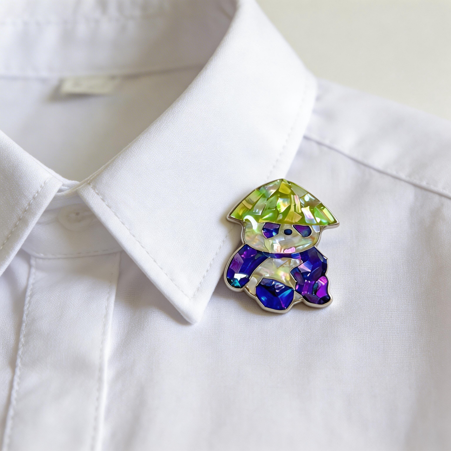 Mushroom Hat Panda - Handcrafted Mother-of-Pearl Panda Lapel Pin by TapaCraft