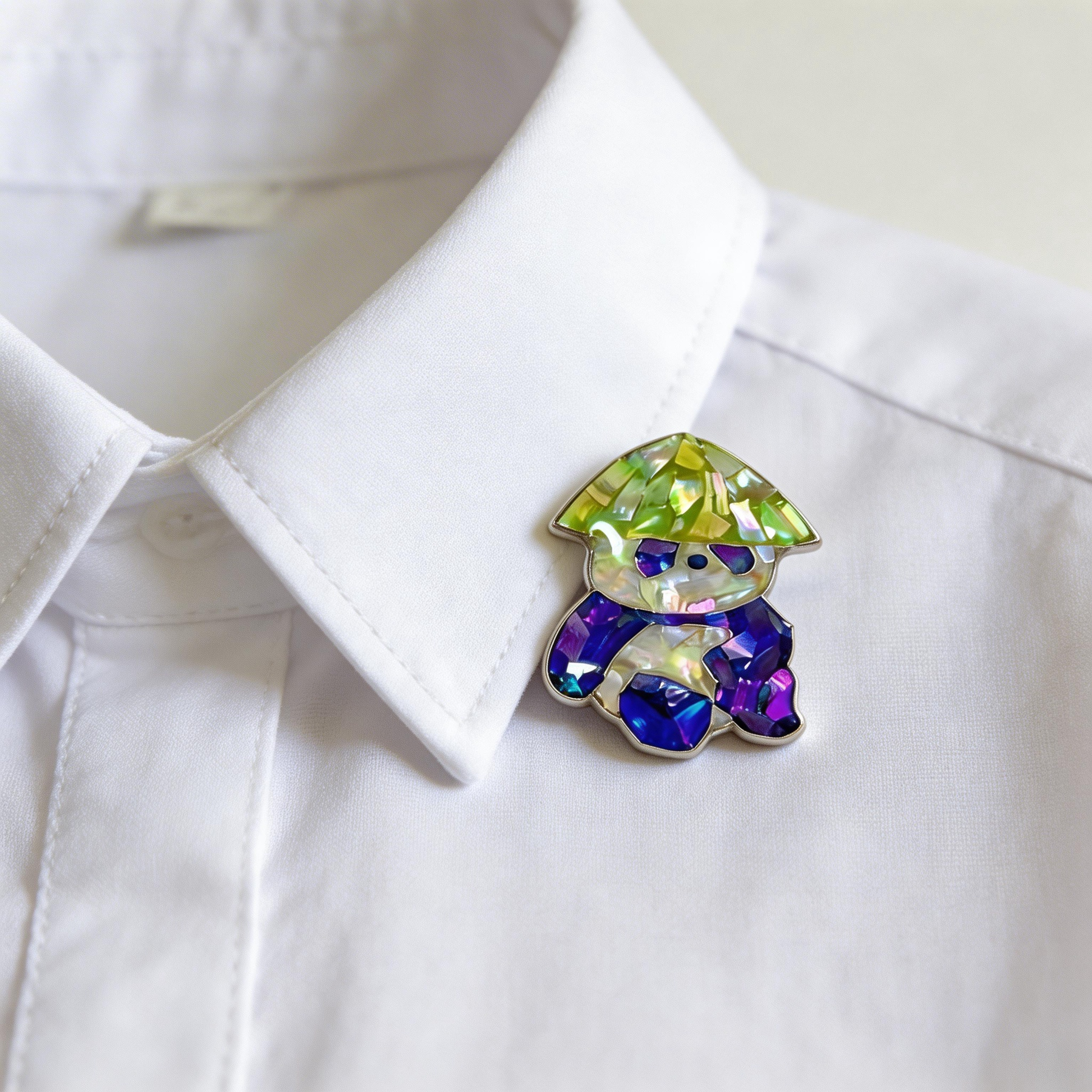 Mushroom Hat Panda - Handcrafted Mother-of-Pearl Panda Lapel Pin by TapaCraft