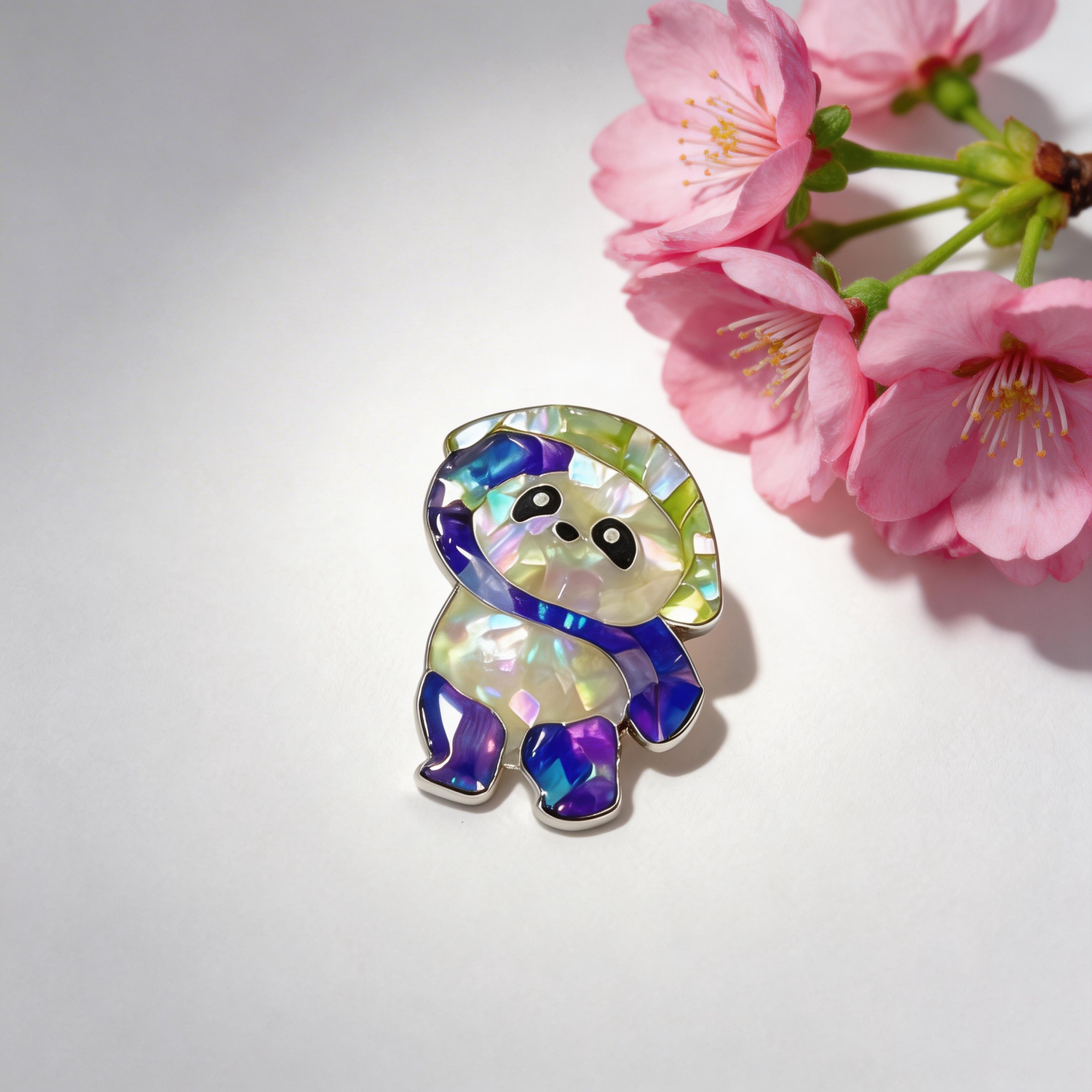 Tilted-Head Panda - Handcrafted Mother-of-Pearl Panda Lapel Pin by TapaCraft