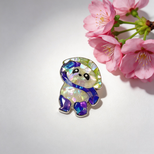 Tilted-Head Panda - Handcrafted Mother-of-Pearl Panda Lapel Pin by TapaCraft