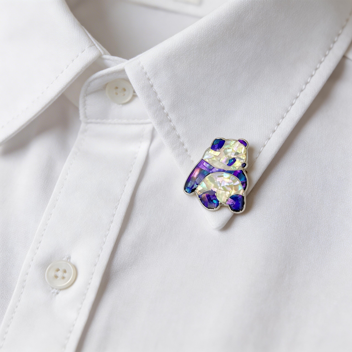 Crouching Panda - Handcrafted Mother-of-Pearl Panda Lapel Pin by TapaCraft